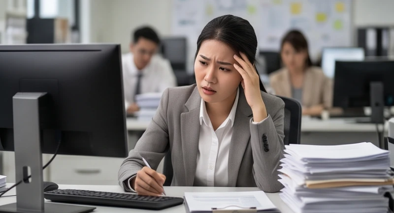 Mơ thấy đàn ông dê mình: Giải mã tâm lý nữ & bảng số may mắn 3 Nữ nhân viên văn phòng bế tắc nhìn màn hình máy tính giữa đống tài liệu ngổn ngang