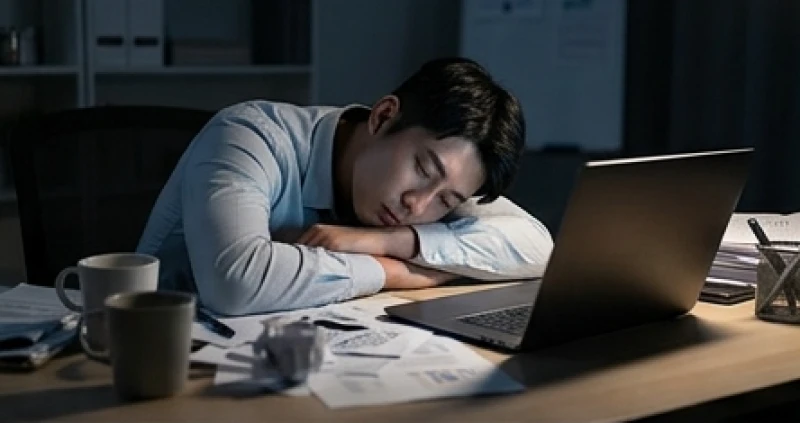 Người thanh niên gục đầu xuống bàn làm việc thể hiện sự mệt mỏi và áp lực công việc ban ngày