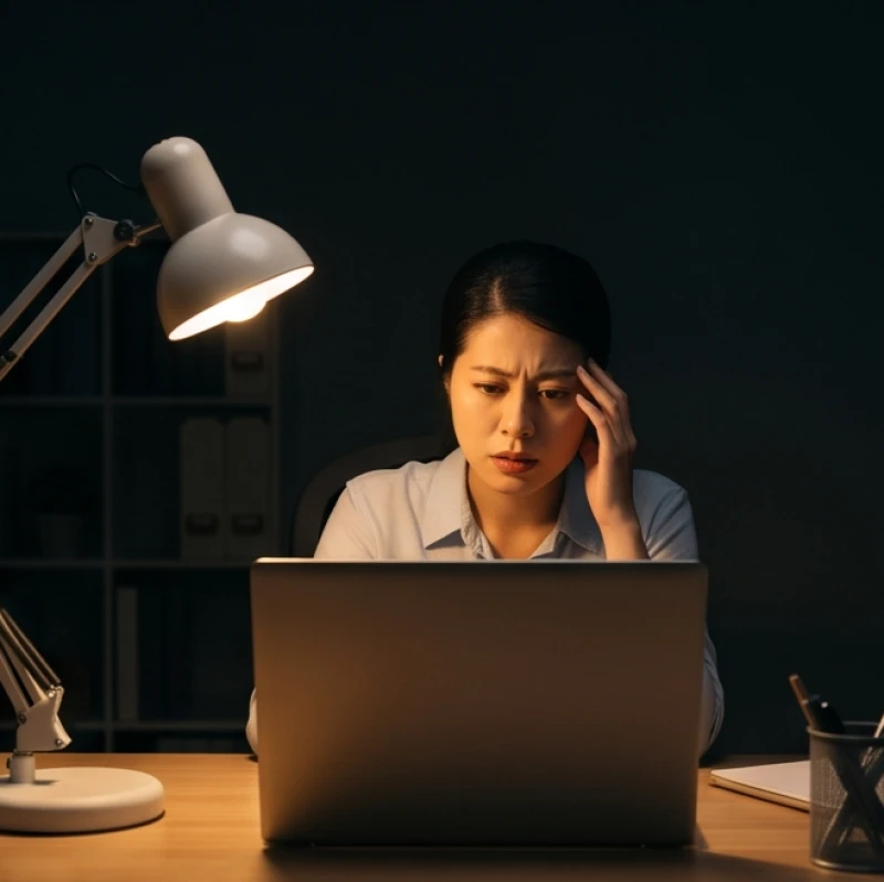 Nữ nhân viên mệt mỏi che giấu áp lực công việc trước màn hình máy tính