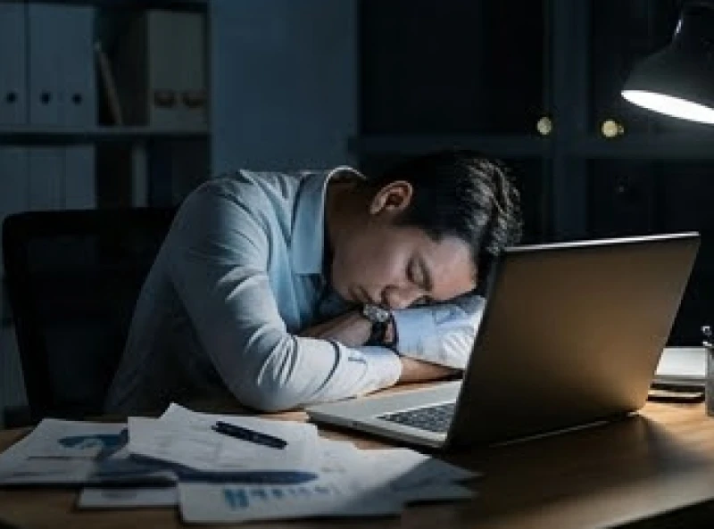 Nhân viên văn phòng mệt mỏi gục đầu trước màn hình máy tính xách tay giữa đêm khuya