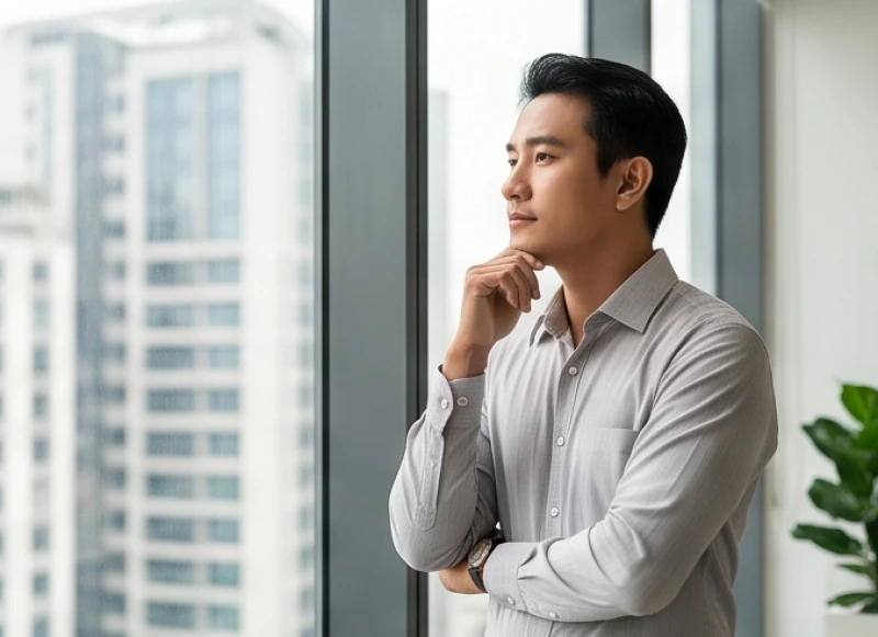 Nam nhân viên đang trầm tư suy nghĩ trước màn hình máy tính khi đối mặt với áp lực dự án