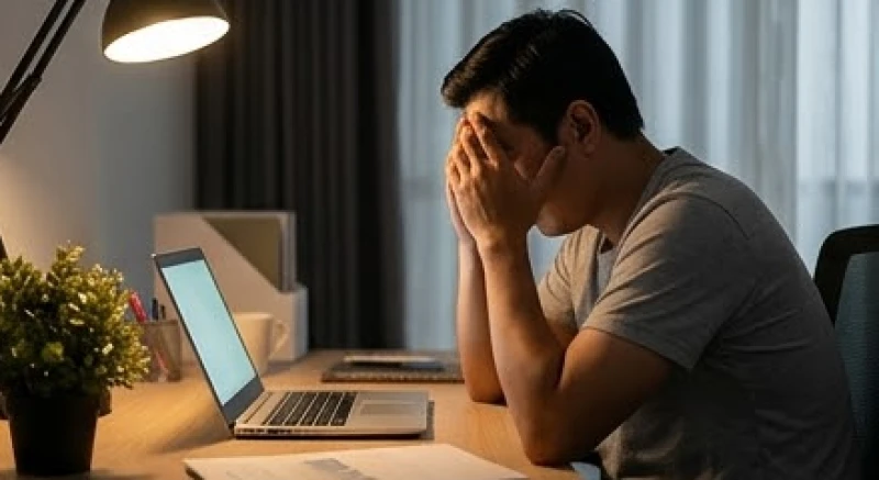 Mơ thấy chồng mình có con với người khác: Điềm báo & sổ mơ 2 Người chồng mệt mỏi gục đầu trước máy tính vì áp lực công việc và gánh nặng tài chính gia đình