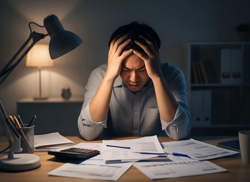 Bàn làm việc lộn xộn với nhiều tài liệu và tách cà phê uống dở trong không gian mờ tối