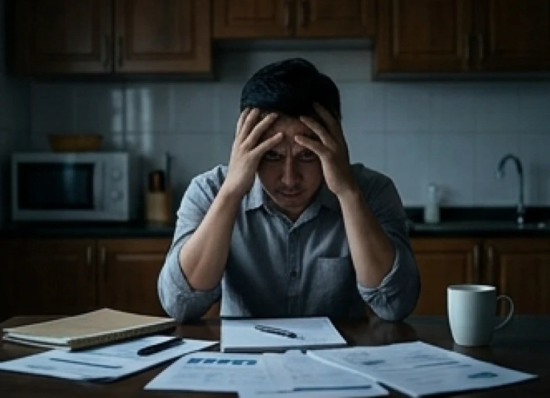 Người đàn ông căng thẳng ngồi gục đầu trước đống tài liệu do kìm nén cơn giận tại công sở
