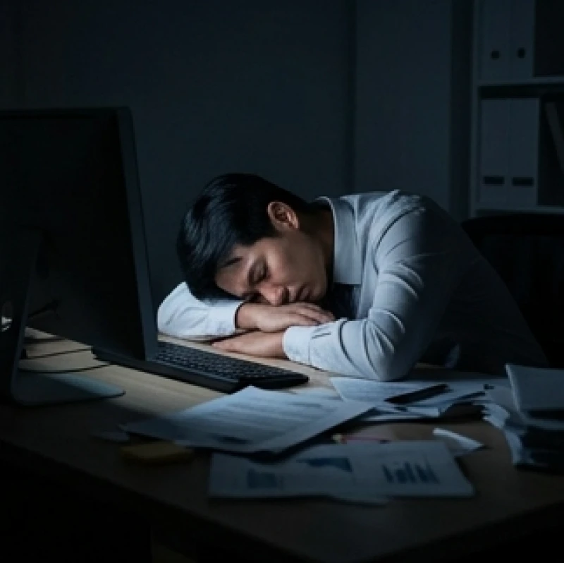 Nam nhân viên ngồi gục đầu trước màn hình máy tính giữa đêm khuya thể hiện sự mệt mỏi