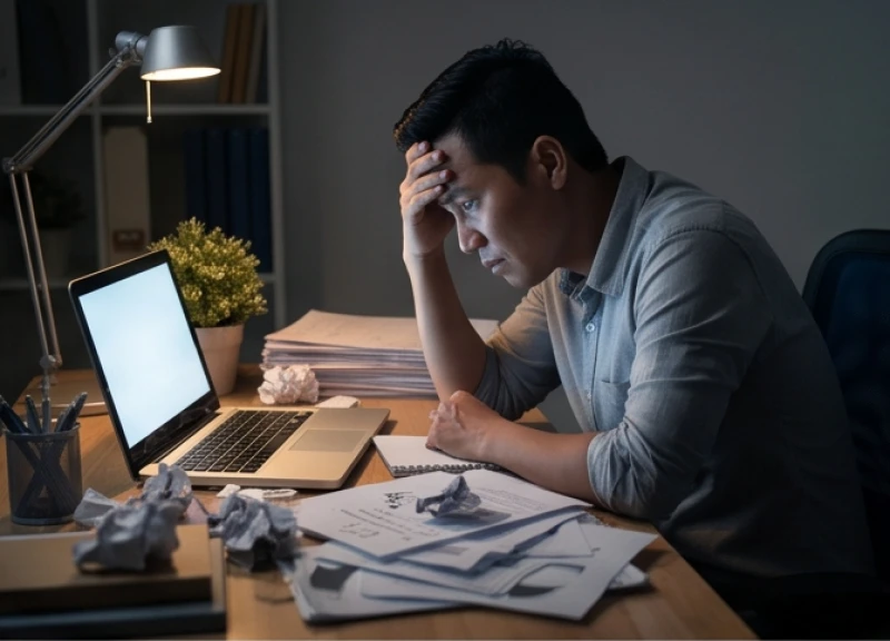 Người đàn ông gục đầu mệt mỏi trước bàn làm việc đầy giấy tờ vào ban đêm