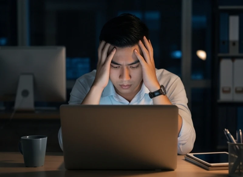 Chàng trai văn phòng Việt Nam ôm đầu mệt mỏi trước màn hình máy tính do áp lực công việc quá tải