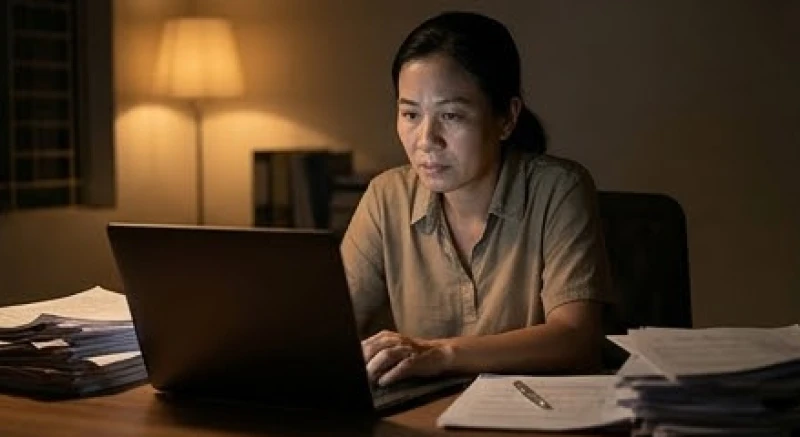 Người trưởng thành ngồi căng thẳng trước màn hình laptop khuya, ánh đèn vàng hắt lên gương mặt mệt mỏi