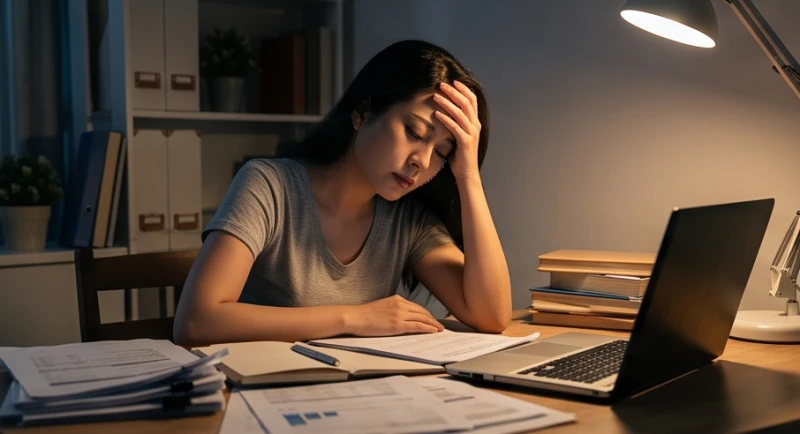 Phụ nữ mệt mỏi gục đầu trên bàn làm việc đầy giấy tờ và hồ sơ vào lúc đêm khuya tĩnh lặng