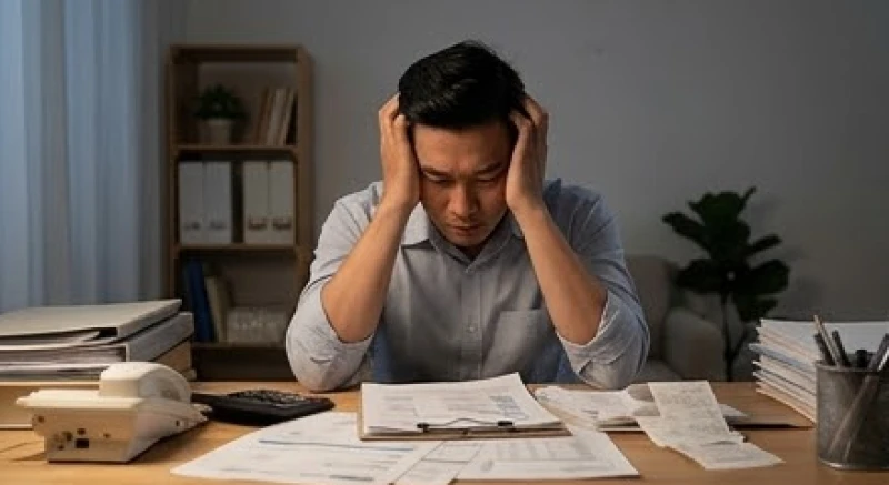 Người chồng mệt mỏi gục đầu trên bàn làm việc giữa bộn bề giấy tờ sổ sách