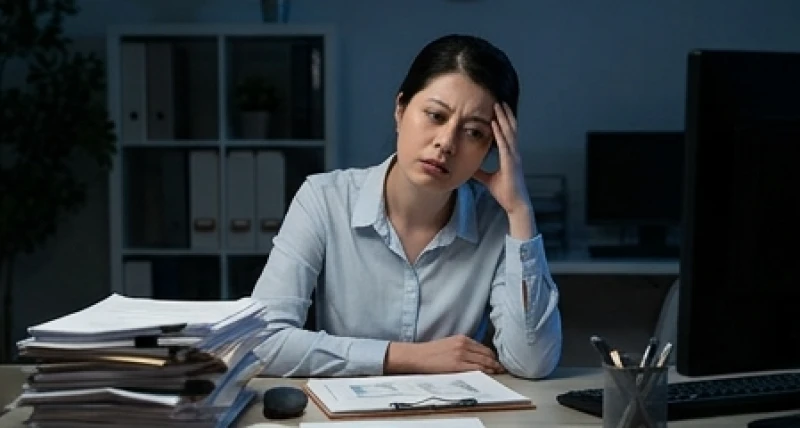 Người phụ nữ ngồi tại bàn làm việc với vẻ mặt mệt mỏi, phản ánh áp lực công việc khi mơ thấy đồng nghiệp cũ
