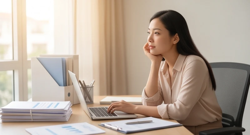 Mơ thấy chảy máu kinh: Giải mã điềm báo và góc nhìn y khoa 2 Cô gái trầm tư ngồi bên bàn làm việc với nhiều hồ sơ tài liệu xung quanh