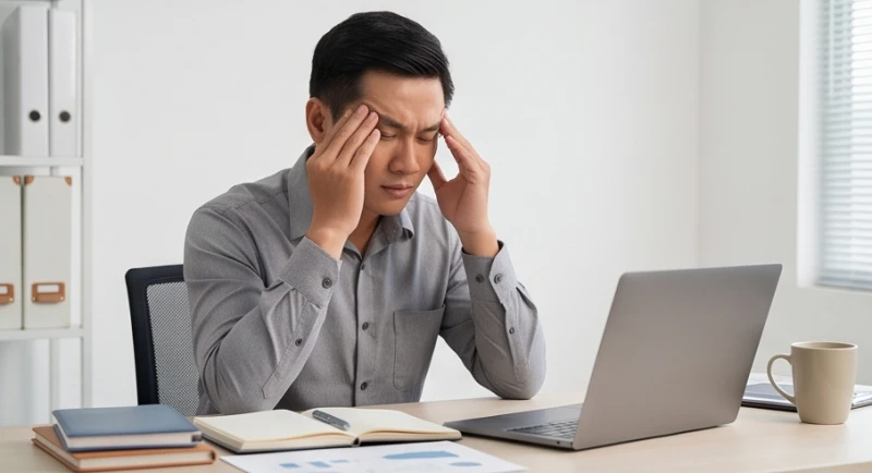 Nam nhân viên văn phòng mệt mỏi xoa trán tại bàn làm việc vì căng thẳng thần kinh và áp lực