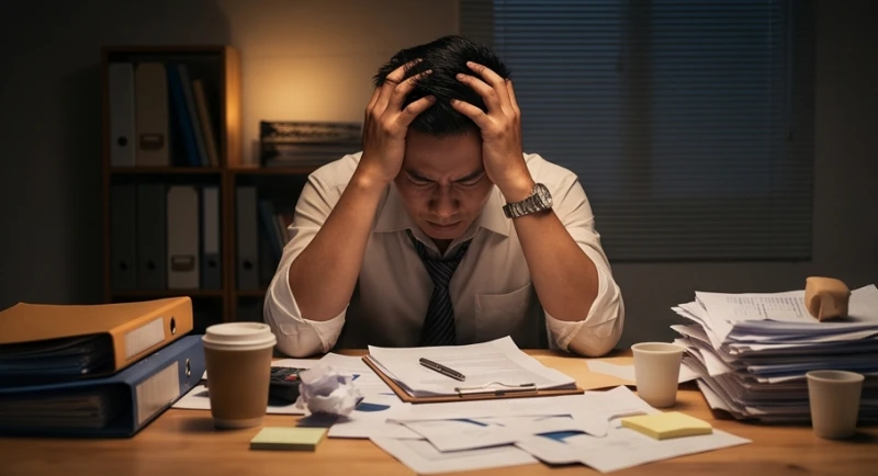 Mơ thấy xe cháy: Giải mã điềm báo, con số và cách an tâm đời thực 1 Người đàn ông gục đầu mệt mỏi trước bàn làm việc đầy giấy tờ phản ánh áp lực công việc và cảm giác mất kiểm soát