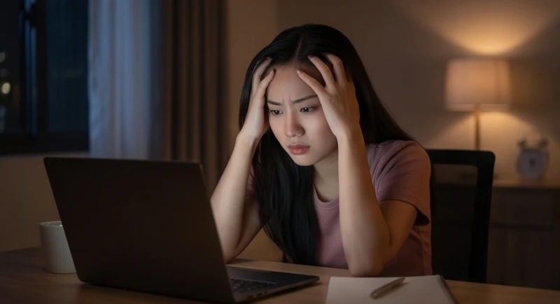 Người phụ nữ ôm đầu căng thẳng bên bàn làm việc phản ánh nguyên nhân gây ra giấc mơ thấy mình chết