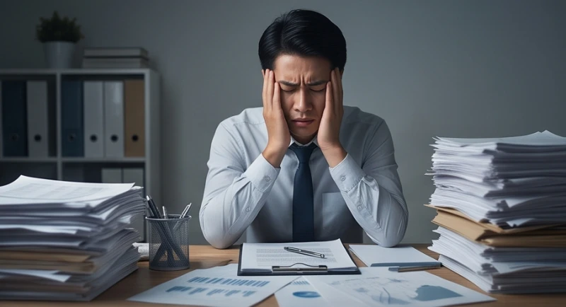 Mơ thấy rụng răng: Điềm báo, con số may mắn và lý giải khoa học 2 Một nhân viên văn phòng đang vò đầu bứt tai vì căng thẳng, phản ánh nguyên nhân tâm lý khi mơ thấy rụng răng