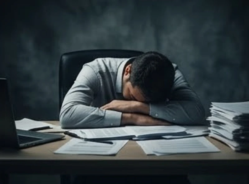 Nhân viên văn phòng gục đầu xuống bàn làm việc thể hiện sự kiệt sức do áp lực kéo dài