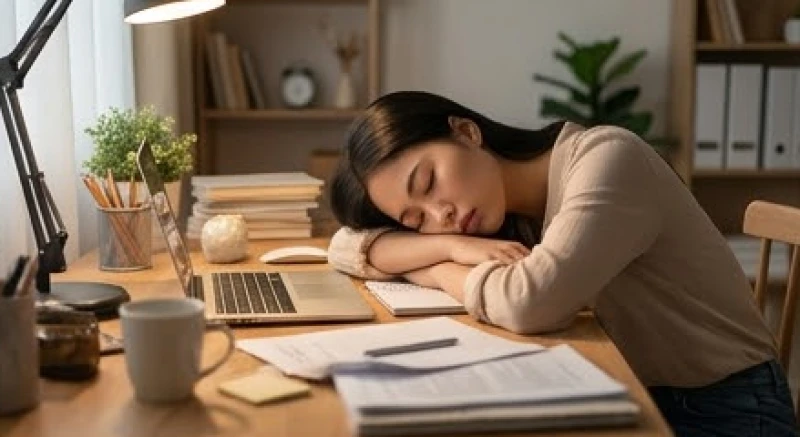 Mơ thấy kinh nguyệt: Giải mã tâm lý, điềm báo và con số may mắn 2 Nữ nhân viên văn phòng gục đầu lên bàn làm việc vì mệt mỏi và áp lực công việc quá tải