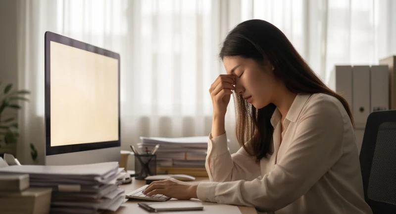 Nữ nhân viên văn phòng xoa trán mệt mỏi trước màn hình máy tính do khối lượng công việc quá tải