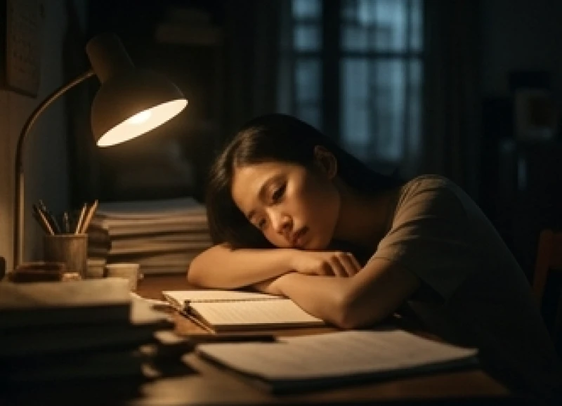 Mơ thấy mẹ khóc là điềm gì: Giải mã điềm báo và góc nhìn tâm lý 3 Người phụ nữ gục đầu trên bàn làm việc giữa đêm khuya thể hiện sự kiệt sức và căng thẳng thần kinh tột độ