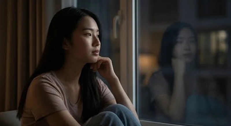Một người phụ nữ đang suy tư trong ánh đèn mờ ảo do căng thẳng tâm lý kéo dài