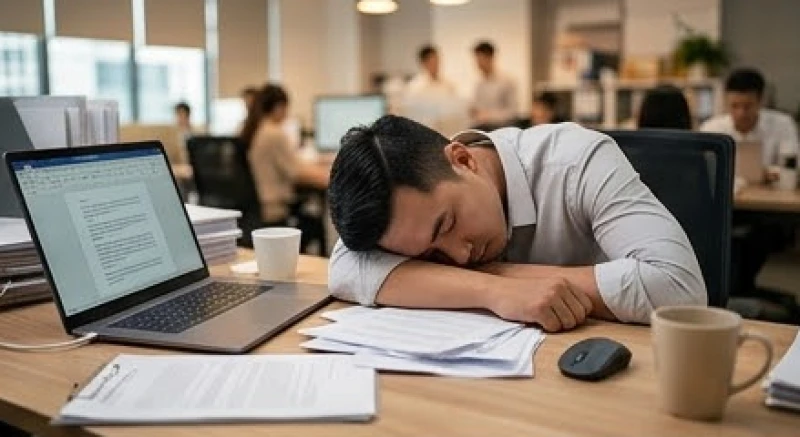 Nam nhân viên mệt mỏi gục đầu trên bàn làm việc đầy giấy tờ giữa văn phòng