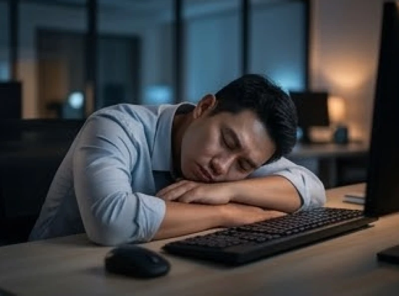 Nhân viên văn phòng kiệt sức gục đầu lên bàn phím do áp lực công việc và căng thẳng tâm lý