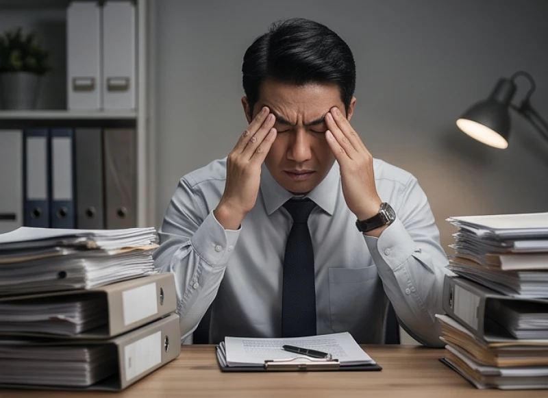 Nhân viên văn phòng cảm thấy mệt mỏi và kiệt sức trước đống hồ sơ sổ sách trong môi trường làm việc áp lực cao