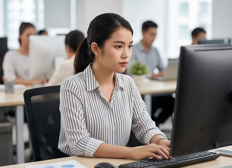Nữ nhân viên văn phòng tập trung làm việc trước màn hình máy tính để vượt qua áp lực và cạnh tranh nơi công sở