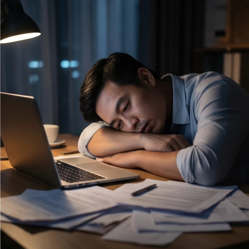Người đàn ông mệt mỏi gục đầu trên bàn làm việc với đống tài liệu ngổn ngang