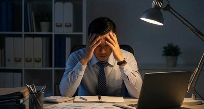 Người đàn ông mệt mỏi gục đầu trên bàn làm việc với nhiều giấy tờ và ánh đèn mờ ảo