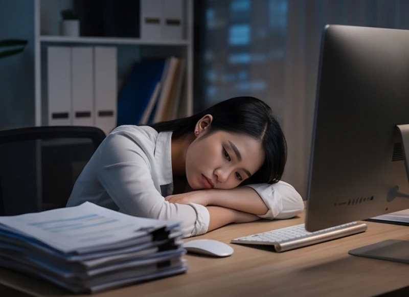 Mơ thấy mình ngoại tình: Giải mã tâm lý & điềm báo tài lộc 5 Nữ nhân viên văn phòng gục đầu mệt mỏi trước màn hình máy tính đầy hồ sơ
