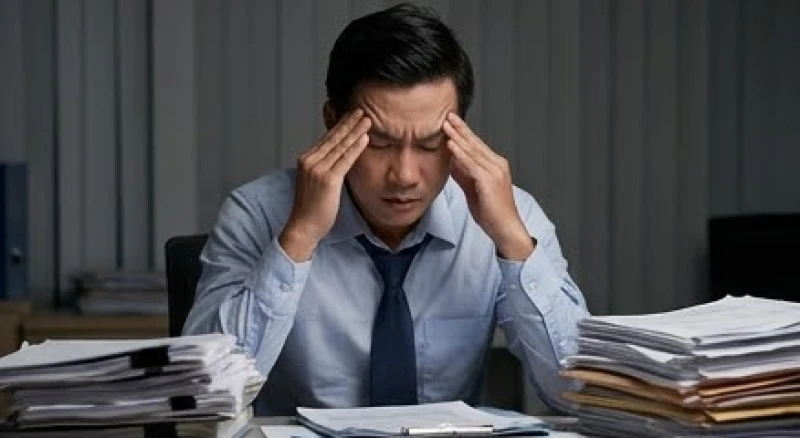 Mơ thấy chuyển chỗ làm: Điềm báo, tâm lý & lời khuyên 3 Nhân viên nam tỏ ra mệt mỏi và căng thẳng khi xem xét đống hồ sơ giấy tờ