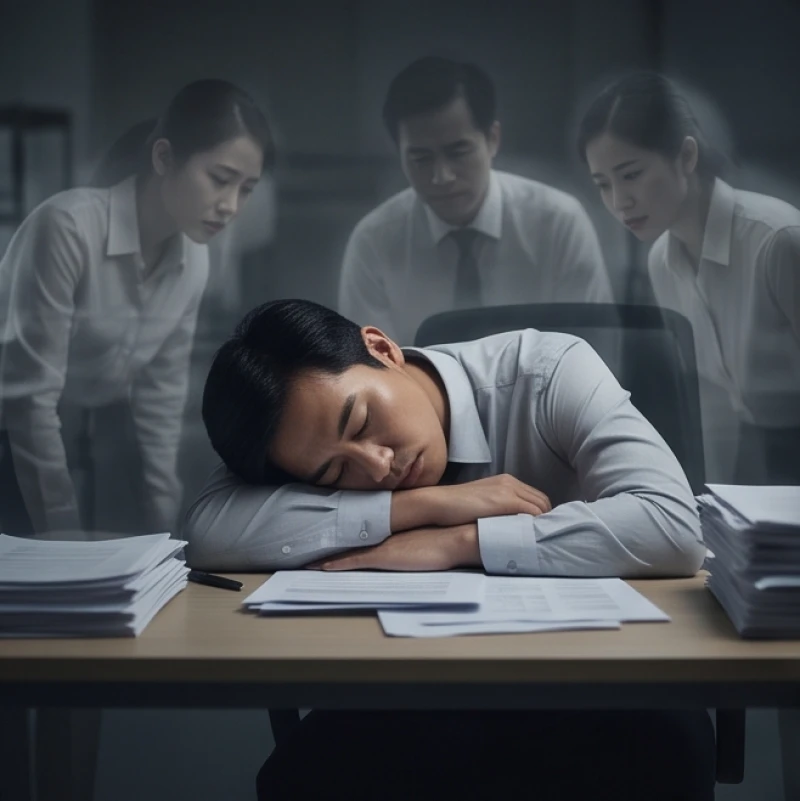 Mơ thấy đông người: Giải mã bối cảnh, tâm lý & cơ sở luận số 3 Nhân viên văn phòng mệt mỏi gục đầu xuống bàn làm việc giữa những bóng người xa lạ