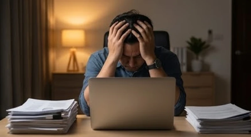 Một người làm việc mệt mỏi gục xuống bàn trước đống giấy tờ, thể hiện áp lực tâm lý tạo ra ác mộng về nhà sập