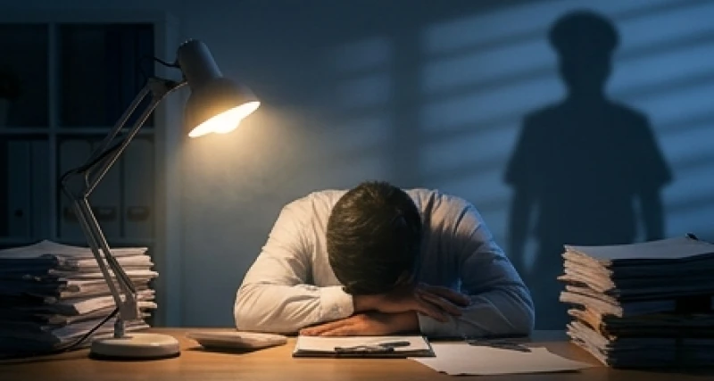Một người đang gục đầu lên bàn làm việc giữa đêm khuya thể hiện sự căng thẳng và áp lực tâm lý