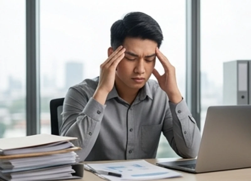 Nhân viên văn phòng đang xoa thái dương vì áp lực công việc và mệt mỏi