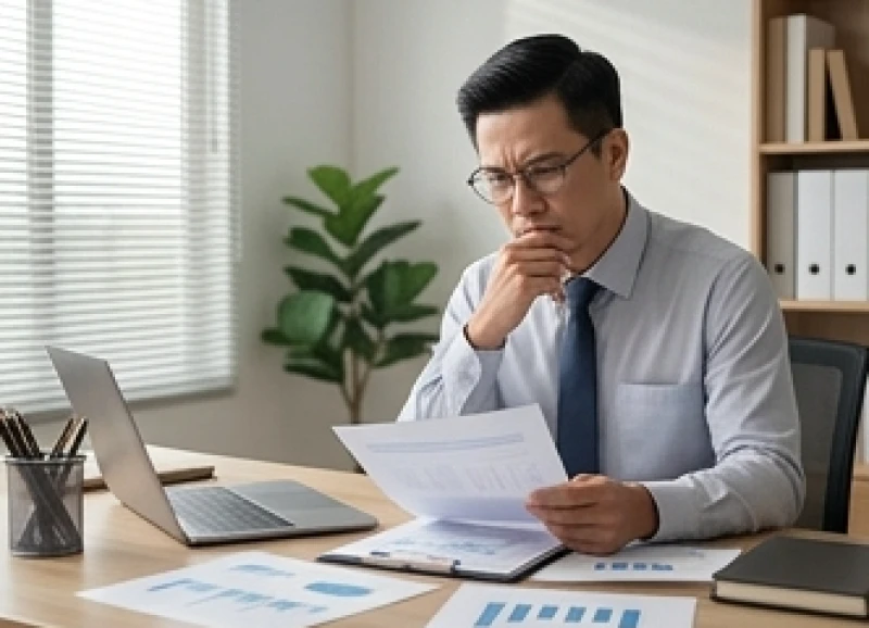 Tuổi Tý năm 2026 có phạm Thái Tuế không: Trình tự cúng giải hạn 3 Nhân viên văn phòng tuổi Tý xem xét sổ sách trong tâm trạng căng thẳng do ảnh hưởng của sao Kế Đô
