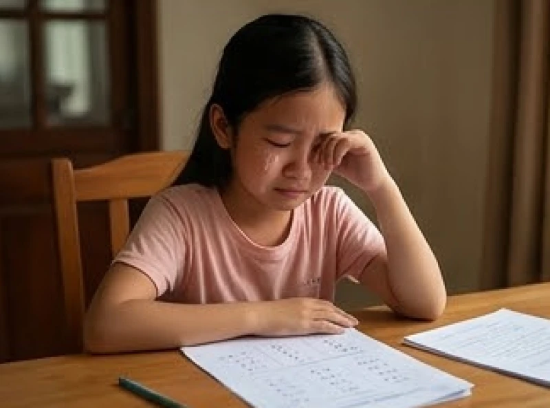 Bé gái bật khóc nức nở khi nhìn chằm chằm vào bài kiểm tra toán có điểm số thấp