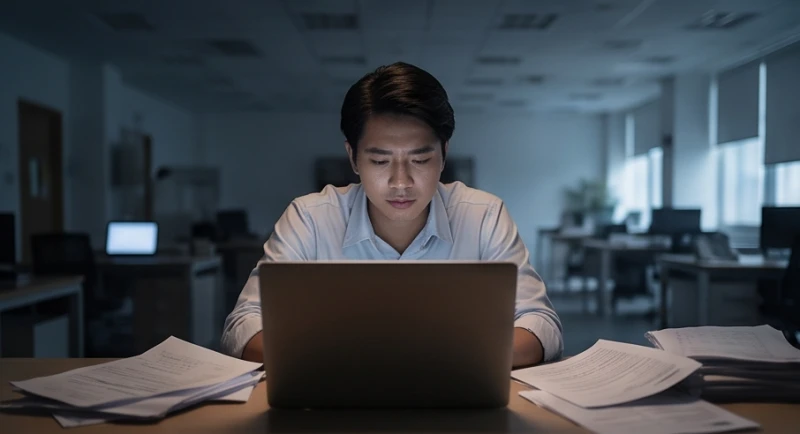 Nhân viên văn phòng mệt mỏi gục đầu bên máy tính giữa đêm khuya vì áp lực doanh số