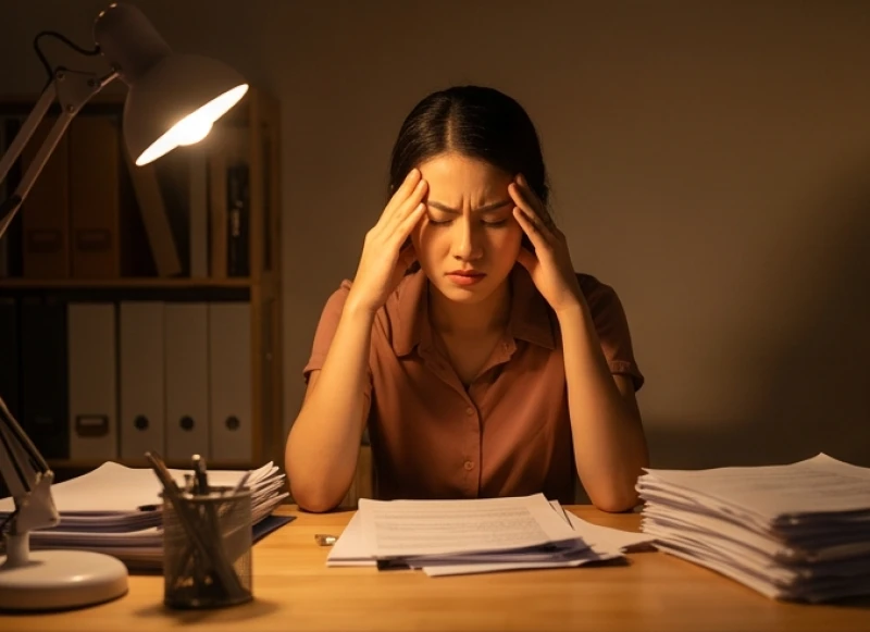 Cô gái trẻ bộc lộ vẻ mặt căng thẳng và mệt mỏi khi đang xoa thái dương tại bàn làm việc