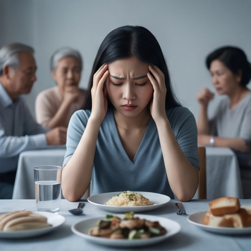 Bóng đen mờ ảo của những người lớn tuổi đứng sau một người phụ nữ đang cúi đầu mệt mỏi, thể hiện áp lực vô hình từ gia đình