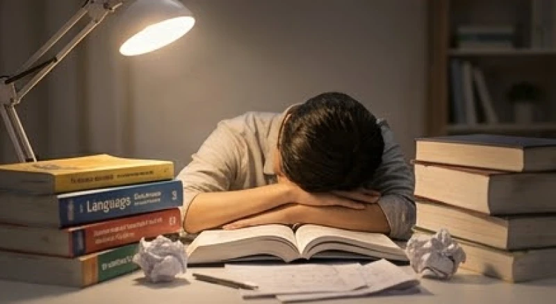 Vẻ mặt mệt mỏi của một người đang vùi đầu vào đống sách vở ngoại ngữ và tài liệu dày đặc