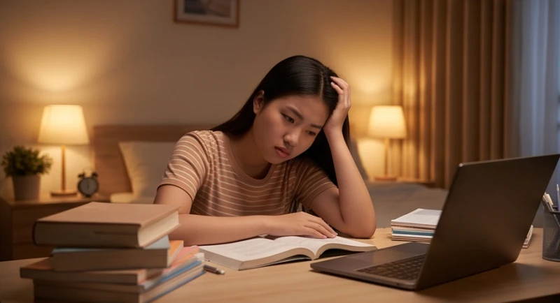 Nữ sinh viên Việt Nam gục đầu mệt mỏi bên bàn học ngập sách vở, minh họa cho áp lực vô hình mà cha mẹ cảm nhận được