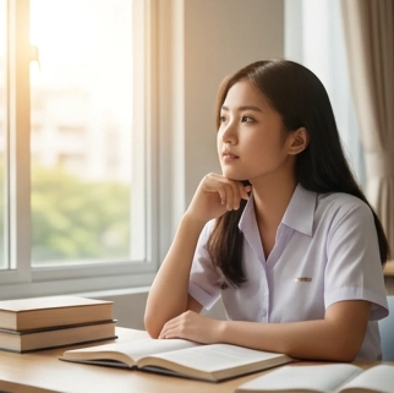 Nam sinh viên ngồi học với ánh mắt suy tư nhưng đầy quyết tâm hướng về tương lai tươi sáng