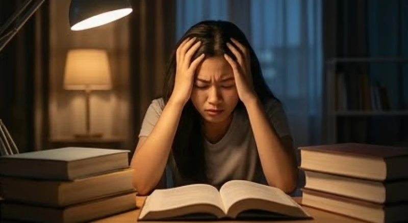 Mơ thấy nói tiếng Anh: Điềm báo tâm lý và cơ chế não bộ 3 Nữ sinh viên ôm đầu mệt mỏi trước đống sách vở ngoại ngữ ngổn ngang trên bàn học vào ban đêm