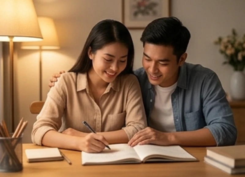 Tình duyên tuổi Thân: Mức độ hợp khắc & cách hóa giải phong thủy 2 Hai vợ chồng cùng ngồi xem xét tài chính gia đình bên bàn làm việc