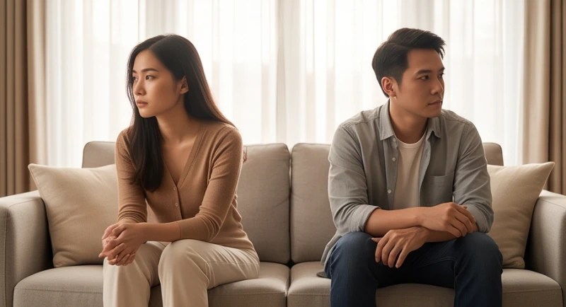 Đường tình duyên có đảo: Ý nghĩa từng vị trí và cách hóa giải 6 Hai người ngồi tĩnh lặng cạnh nhau trong một không gian mờ ảo thể hiện áp lực tâm lý hôn nhân
