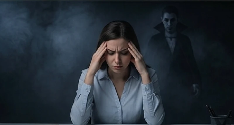 Mơ thấy ma cà rồng và cương thi: Điềm báo tâm lý & số dân gian 3 Một bóng ma cà rồng ẩn hiện phía sau một người phụ nữ đang ôm đầu mệt mỏi tại bàn làm việc