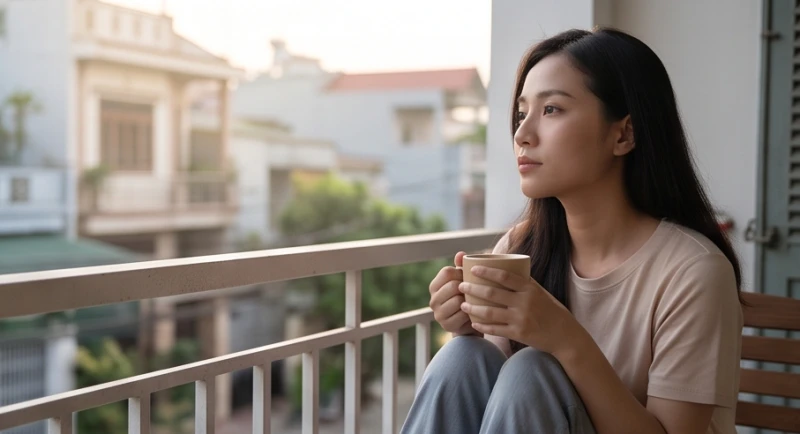 Cô gái trẻ ngồi bần thần trước ban công suy nghĩ về những quyết định khó khăn sau giấc mơ thấy bố mẹ cãi nhau